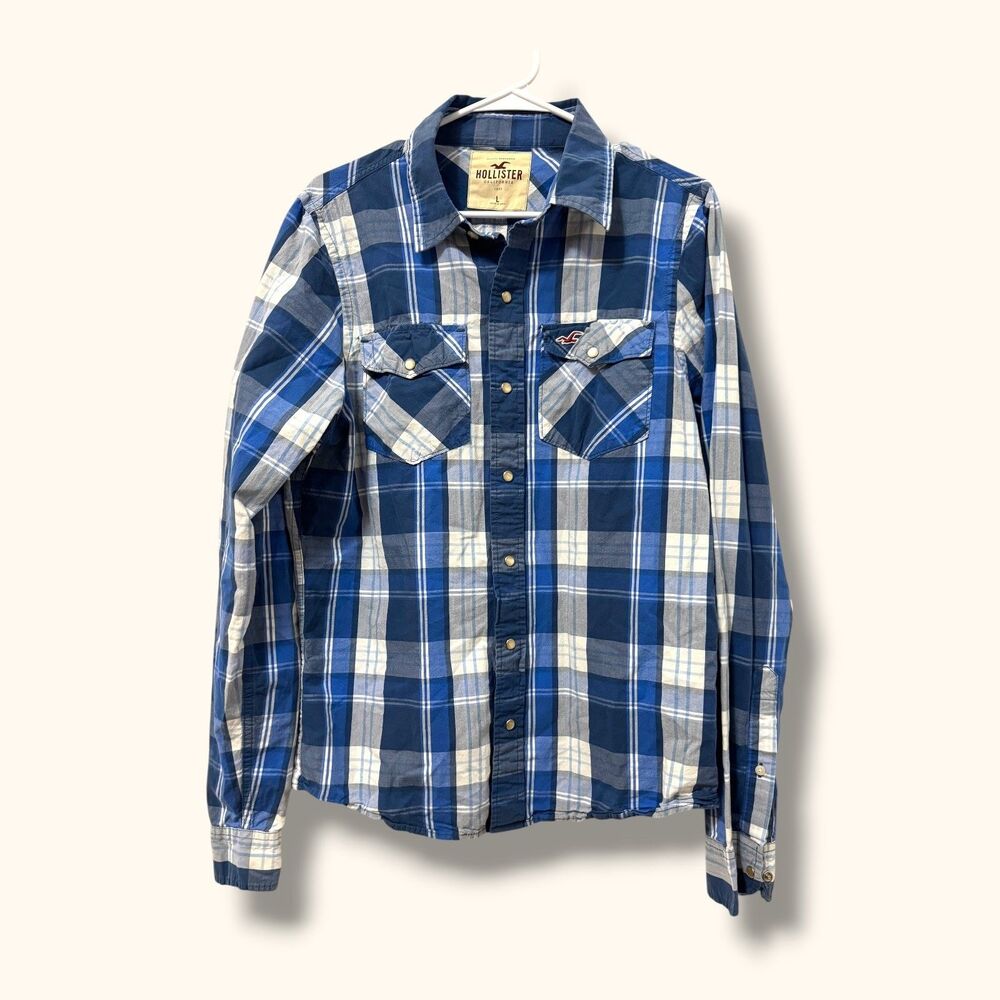 Hollister Button Up Shirt Mens L Blue Plaid Snap Western Long Sleeve Casual
